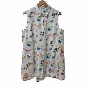 J Jill Floral Linen Button Up Sleeveless Tunic Top Size‎ L White Coastal Grandma